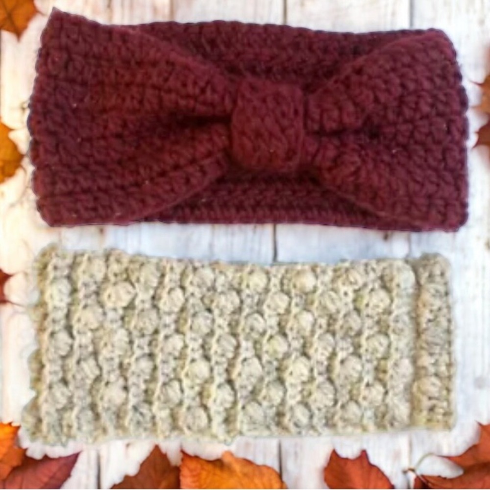 Winter Ski Knit Headband Ear Warmer Burgundy with Knot + Cream Color Lot of 2